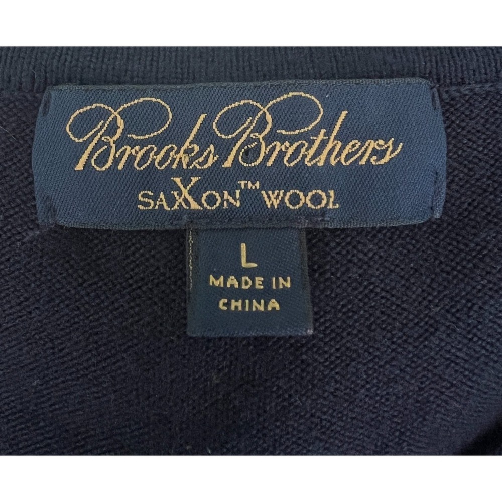 Brooks Brothers Saxxon Wool Navy Blue Long Sleeve V-Neck Pullover Sweater Sz L - Picture 3 of 4